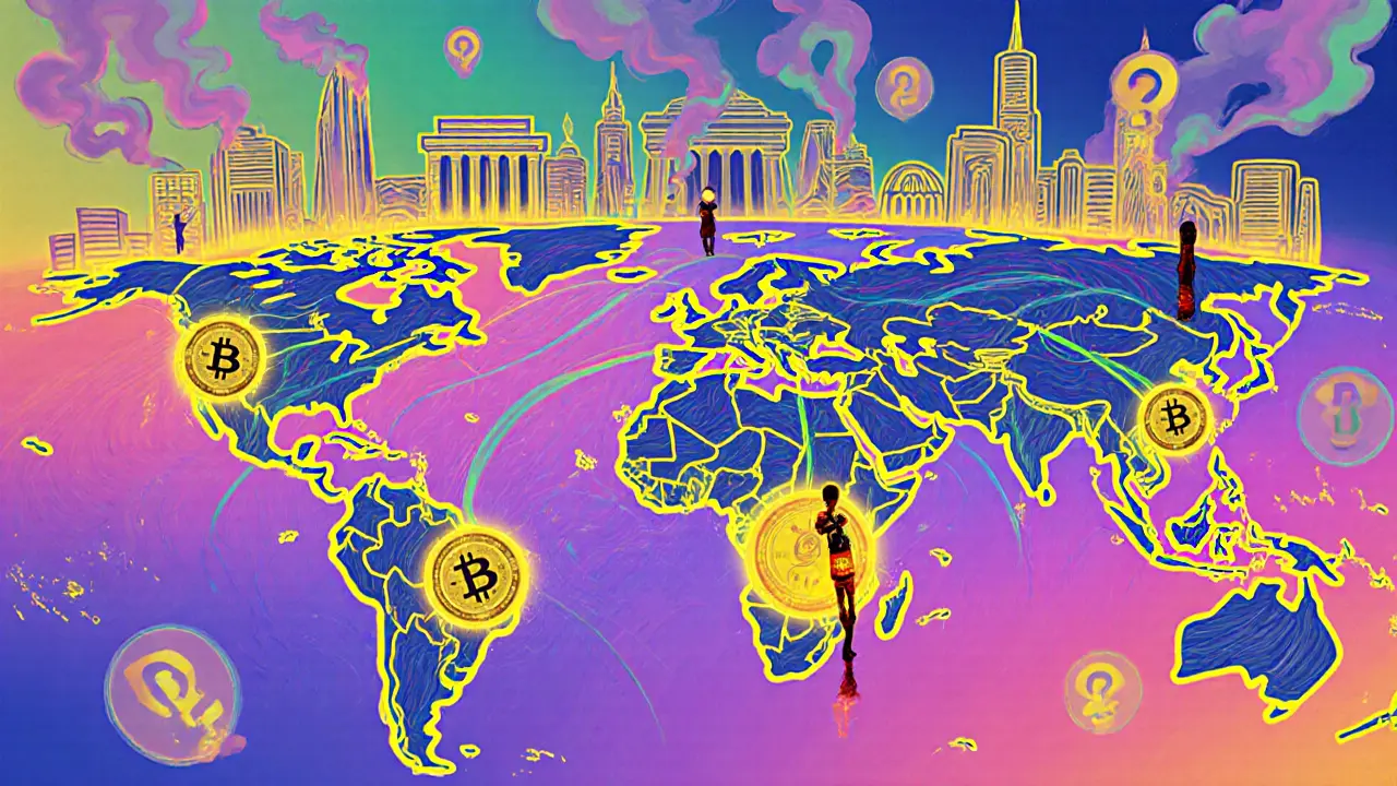 Global map with glowing crypto networks connecting cities, while banks crumble, symbols of freedom float in the air.