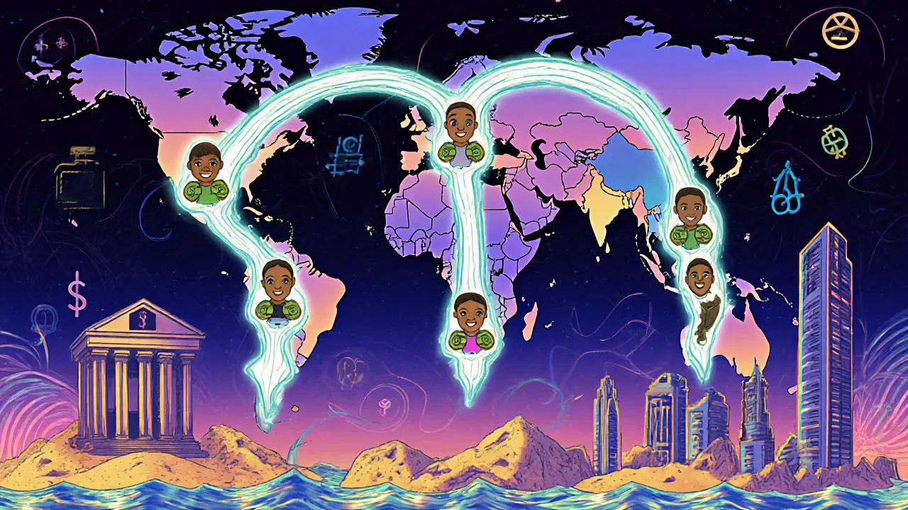 Global map with glowing stablecoin flows connecting countries, replacing crumbling bank towers.