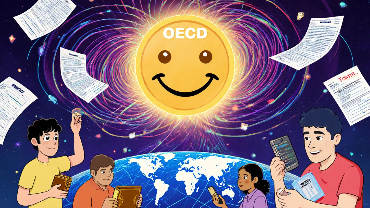 Indian crypto users surrounded by swirling transaction data under a glowing OECD logo