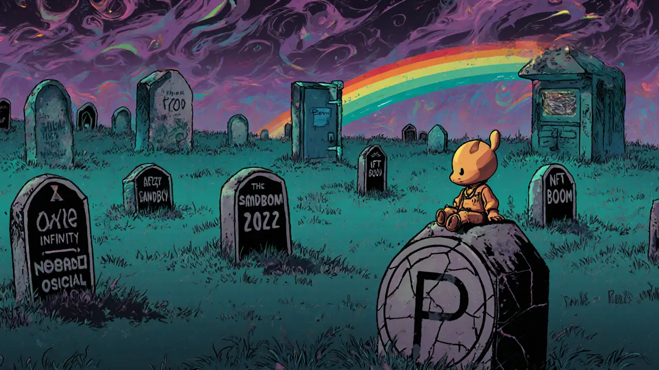 Lonely PlushKyn in a digital graveyard of dead crypto projects under a fading rainbow to Uniswap.
