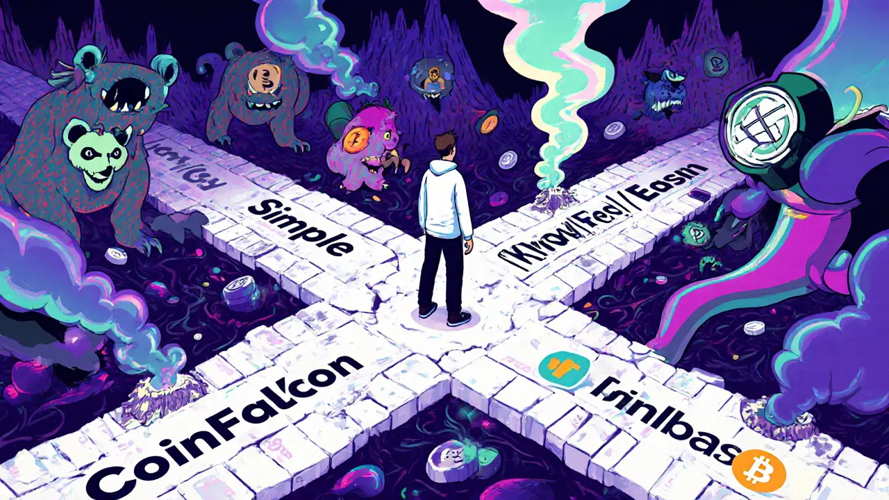 Person at crossroads between CoinFalcon&#039;s risky path and safer exchanges, rendered in 1960s poster art style.