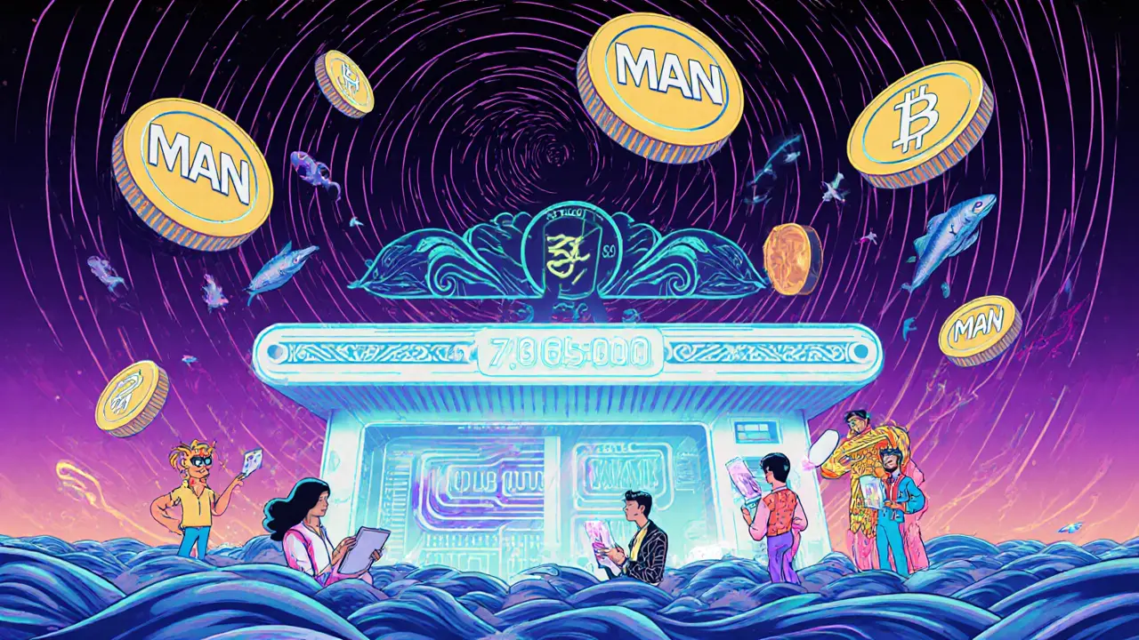 Retro-futuristic crypto exchange with MAN tokens and ocean NFTs in swirling psychedelic colors.