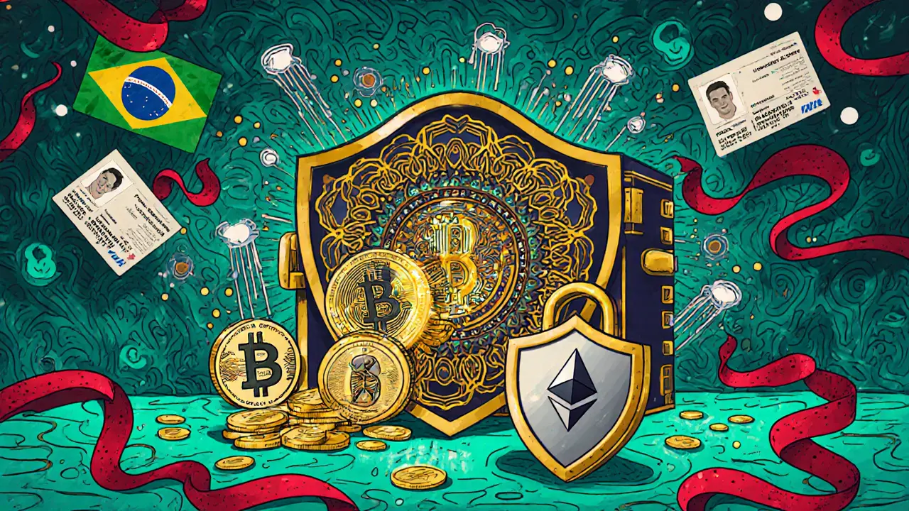 Secure vault with encryption patterns protecting crypto coins, guarded by shield.