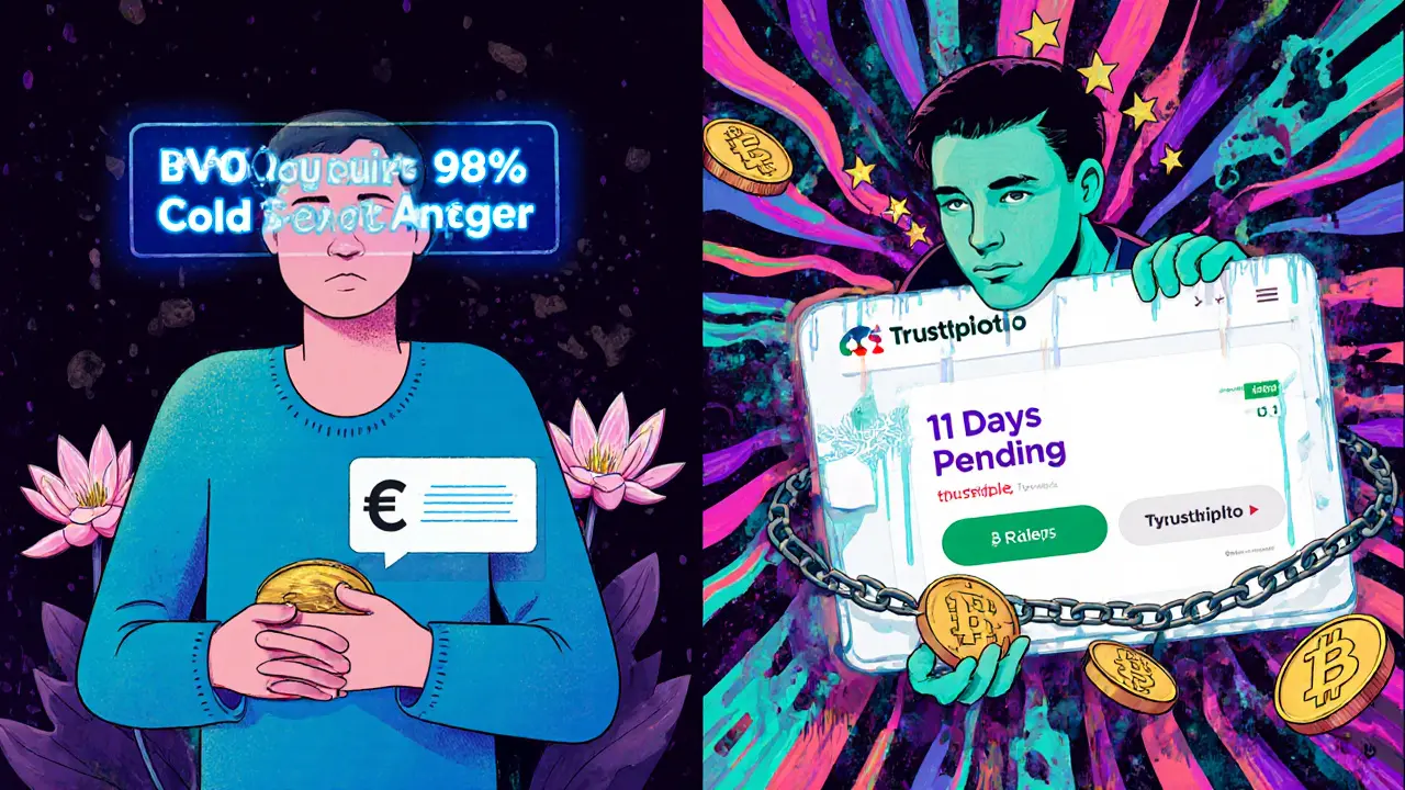 Split scene: calm euro deposit vs. frozen account with 11-day delay and collapsing Trustpilot ratings.