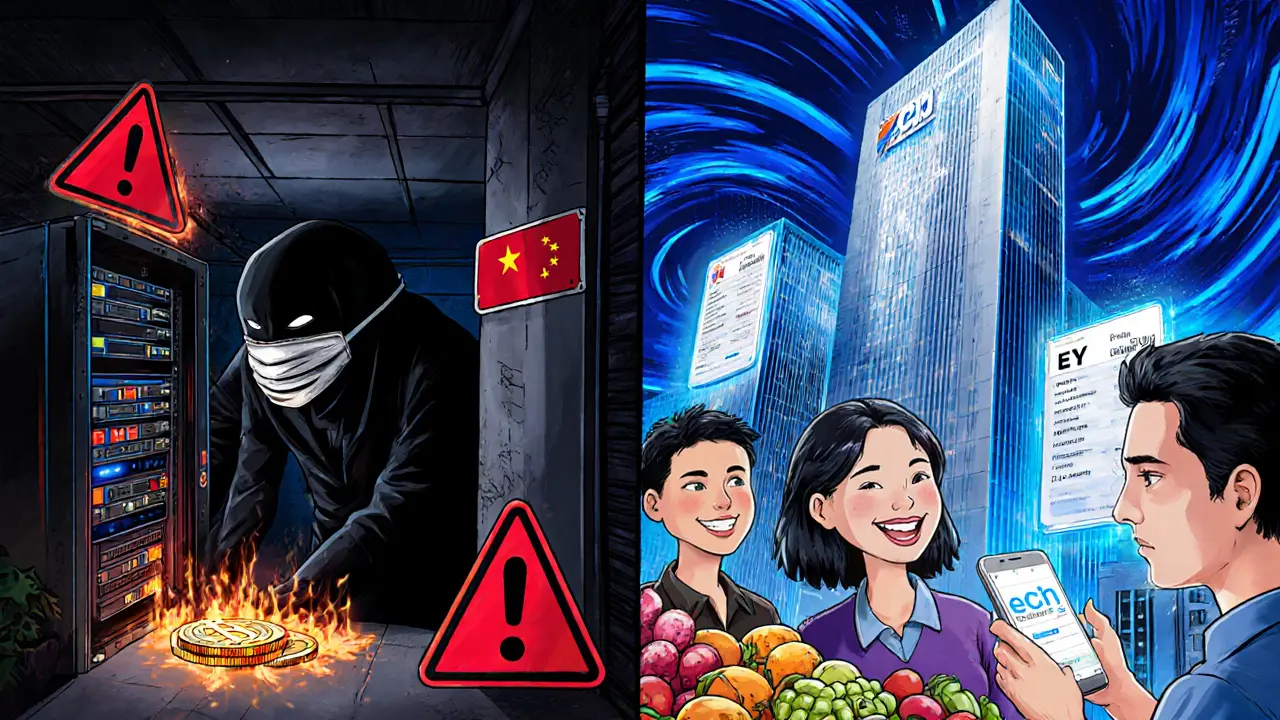 Split scene: illegal Bitcoin mining on one side, family using e-CNY on the other with central bank tower behind.