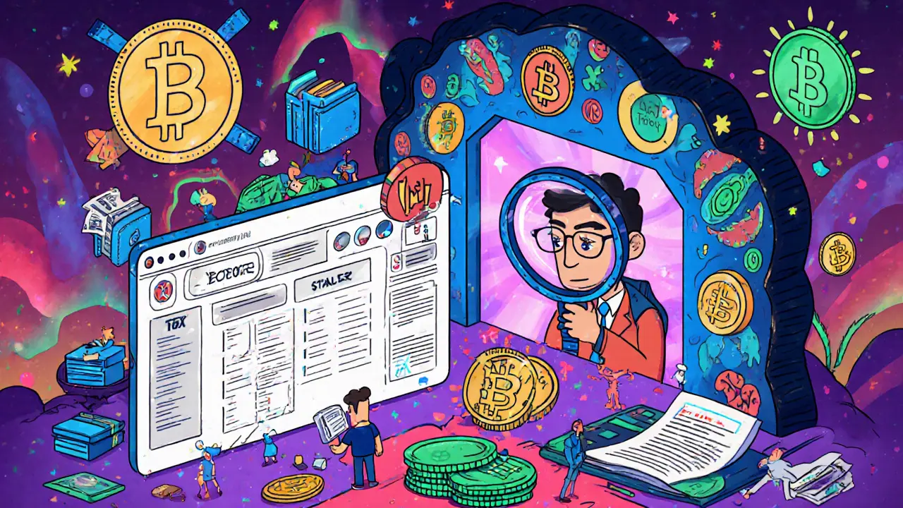 Surreal crypto exchange morphing into a mandala as tax auditor watches through blockchain portal