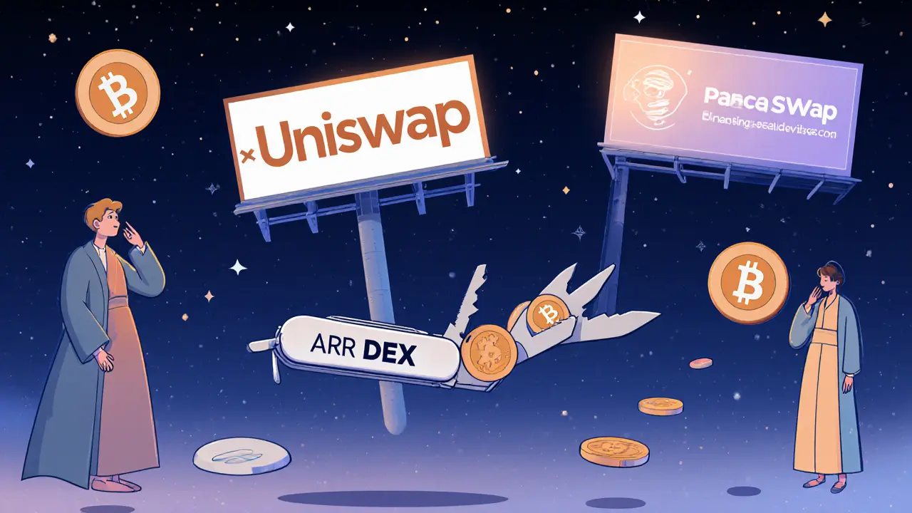 Swiss Army knife swapping tokens on quiet child chains amid noisy DEX billboards.