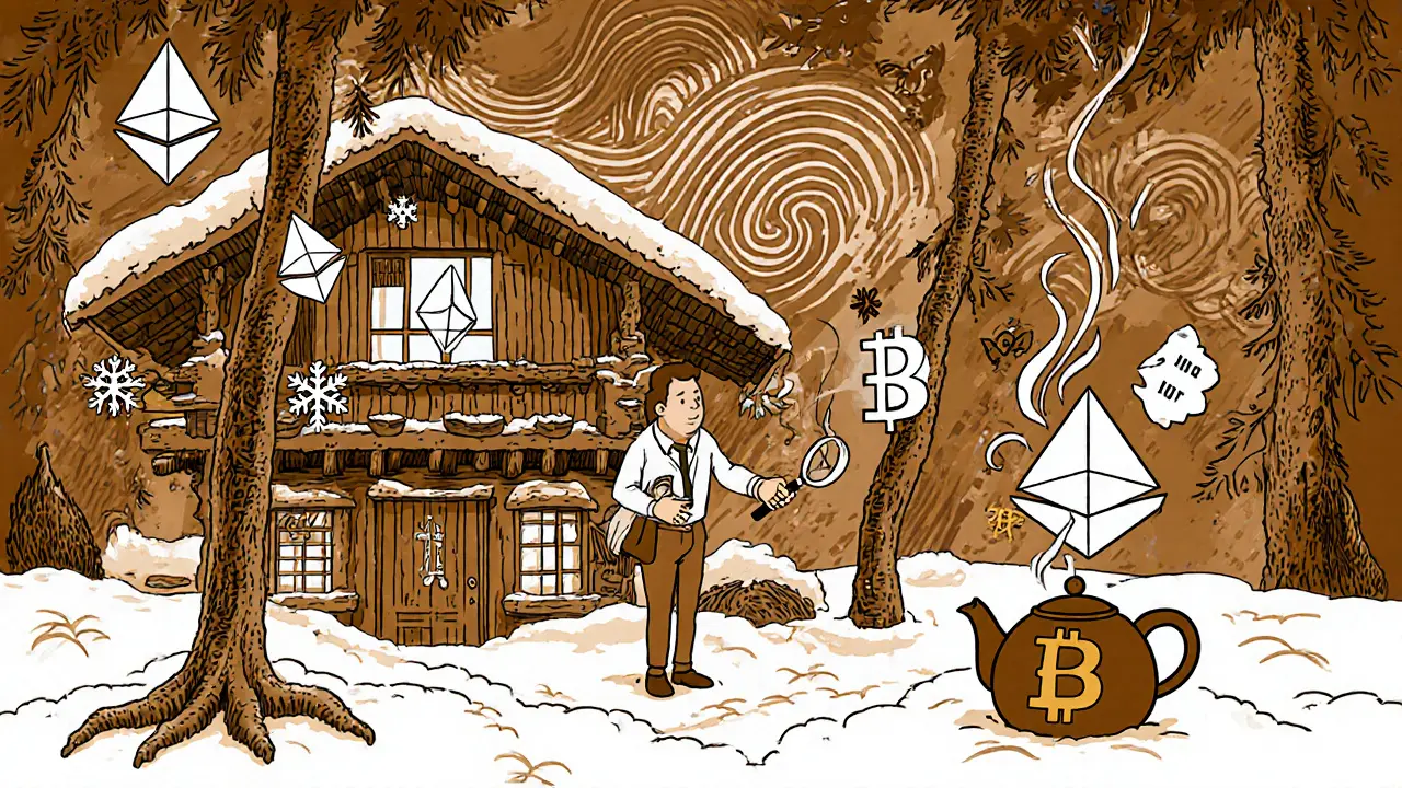 Swiss chalet blockchain lab with crypto snowflakes and a regulator examining a ledger, in Wes Wilson style.