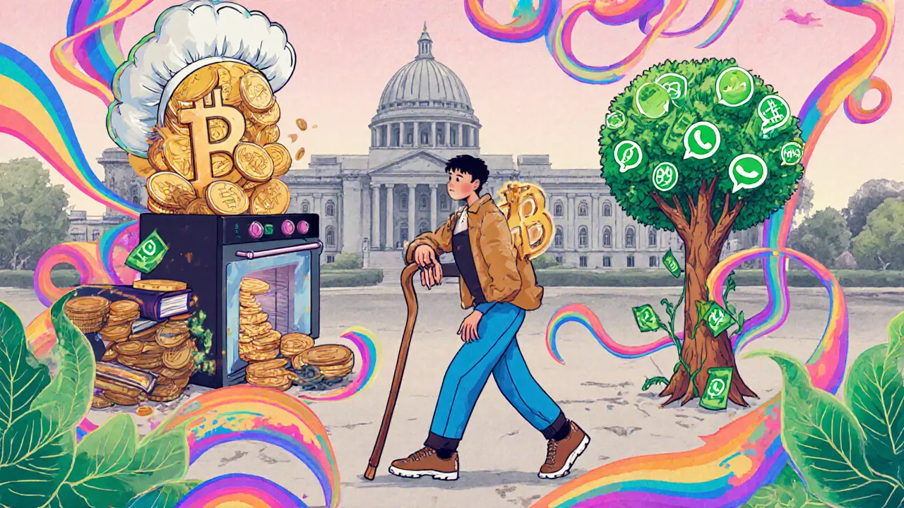 Three Ecuadorians’ daily lives transformed by crypto: baker, student, and elder connected by flowing psychedelic blockchain vines.