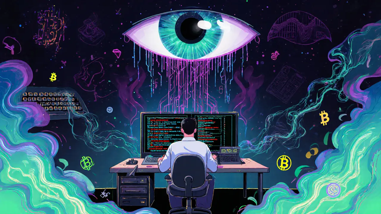Trader interacting with glowing bitCNY streams and a digital witness eye in a retro-futuristic room.