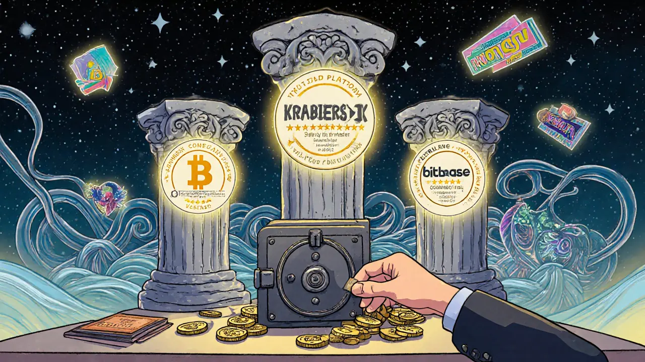 Trusted crypto exchanges as solid pillars with seals, a trader securing coins in a cold wallet, under a calm starry sky.