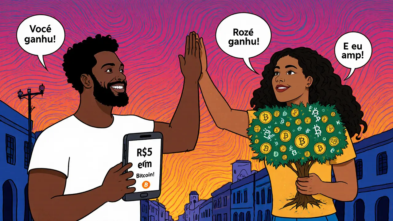 Two friends celebrating Bitcoin referral reward in vibrant psychedelic street scene.