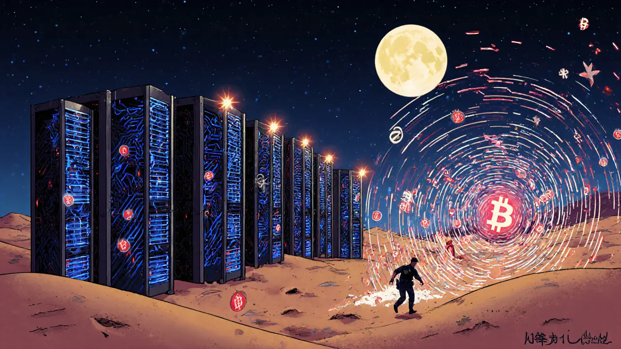 Underground crypto mining servers under a desert moon, with police lights in the distance and glowing circuits.