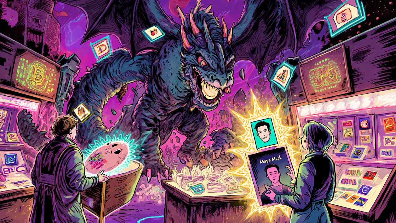 Users trading NFTs in a neon marketplace with a Metamon battling a dragon in a retro-futuristic scene.