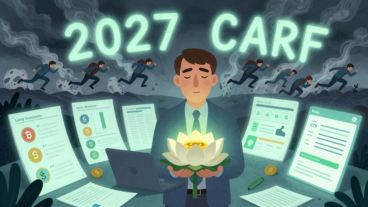A calm person holding a crypto IRA while chaotic tax evaders vanish, with '2027 CARF' glowing in the distance.
