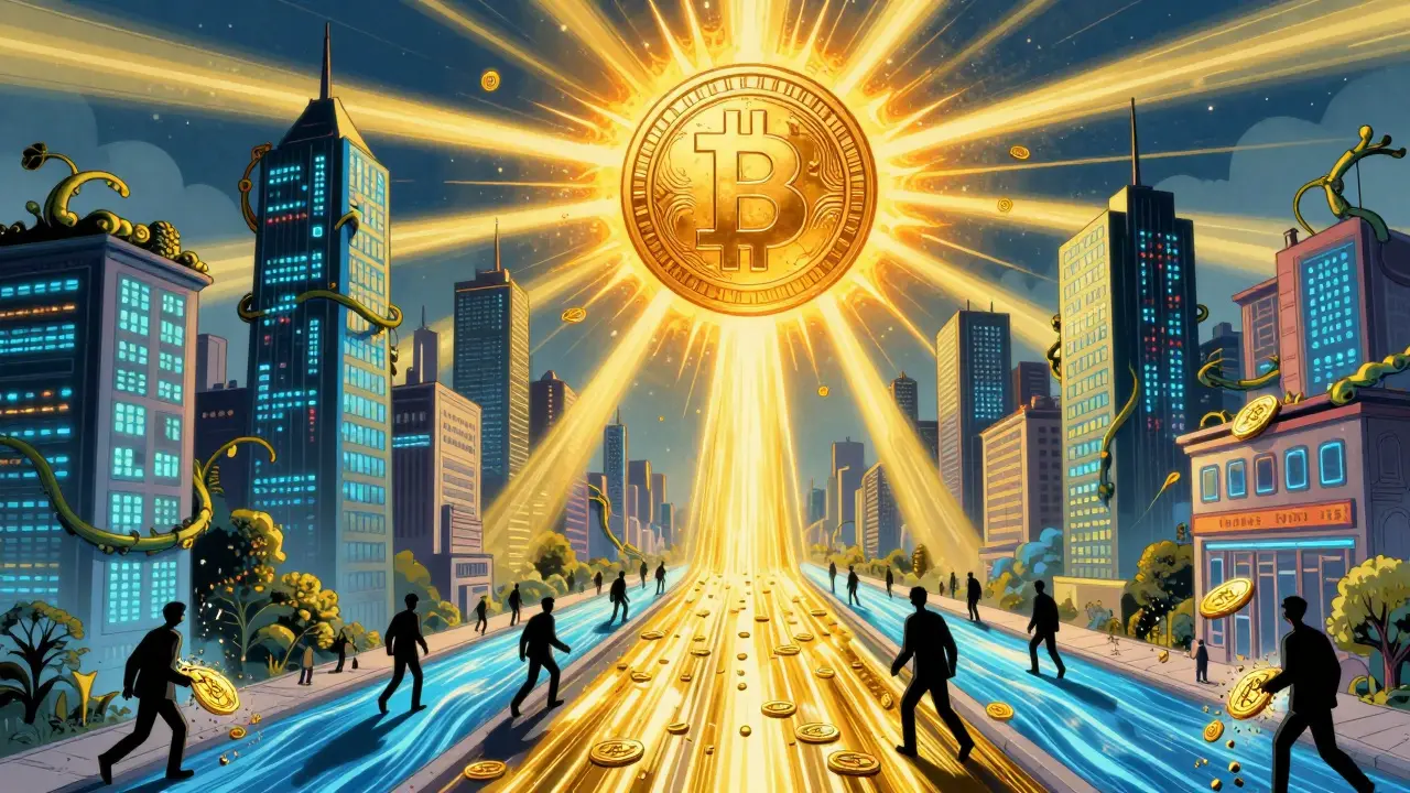 A city powered by digital yuan transactions, with Bitcoin coins turning to dust as a giant coin blocks the sun.