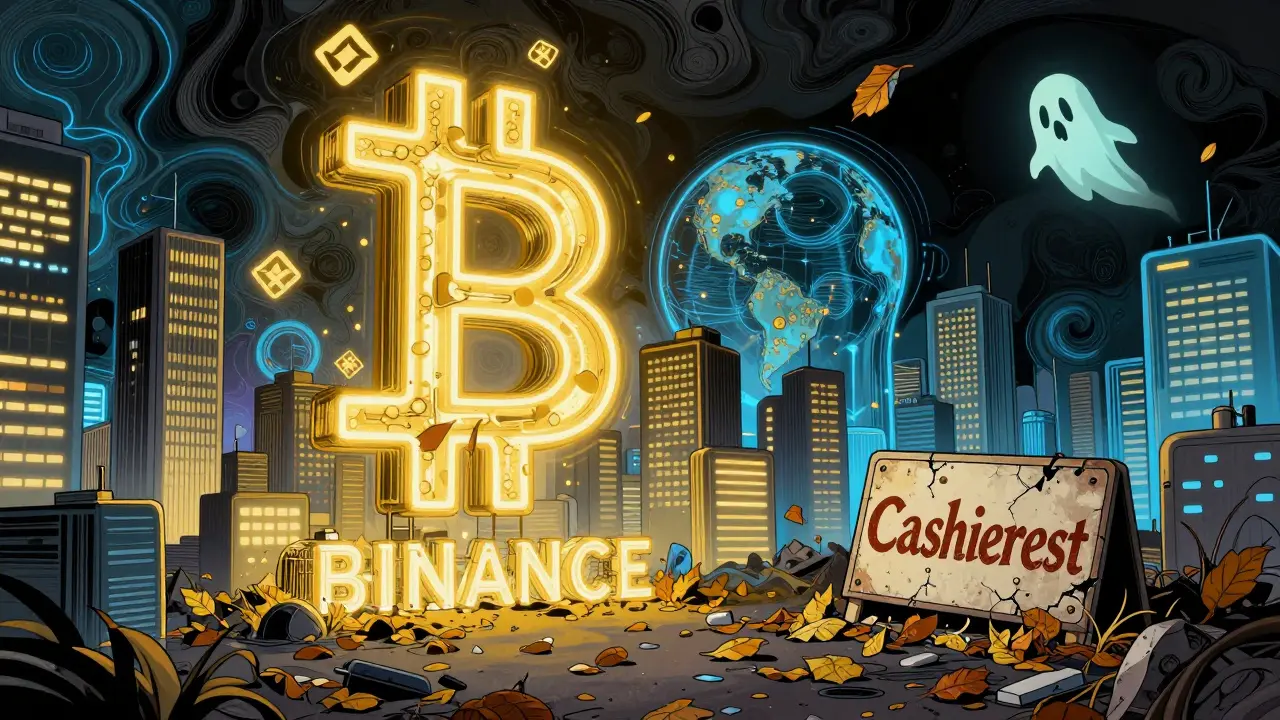 A faded Cashierest sign buried under debris as thriving exchanges glow brightly in the distance.