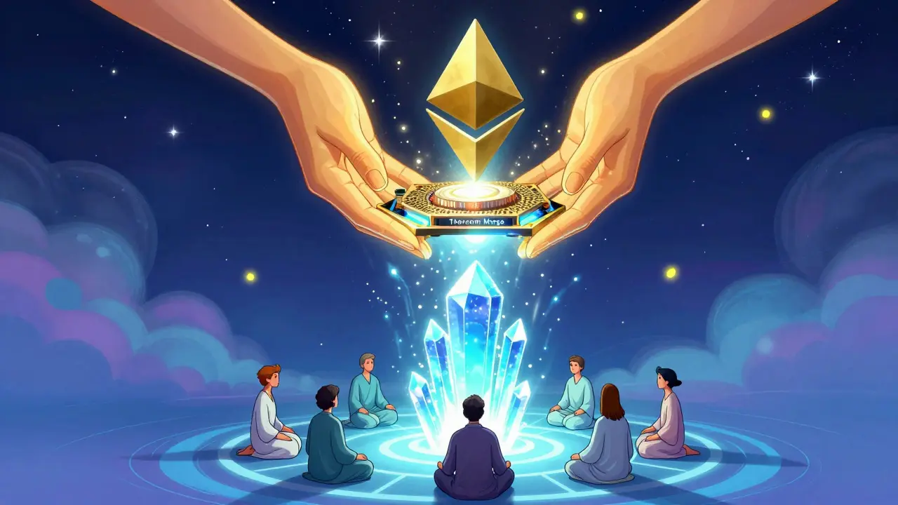 A glowing GPU being replaced by a crystal pillar as validators meditate, symbolizing Ethereum&#039;s energy shift.