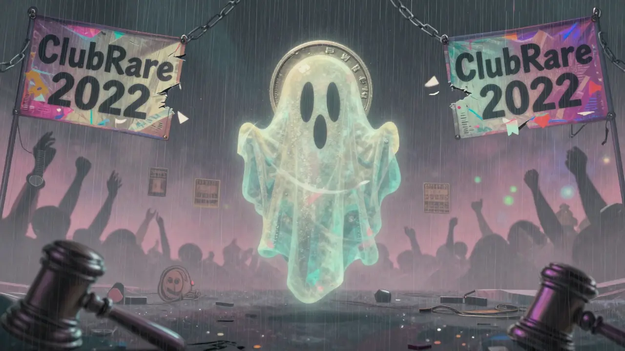 A lone faded MPWR token in an empty void with crumbling ClubRare banners