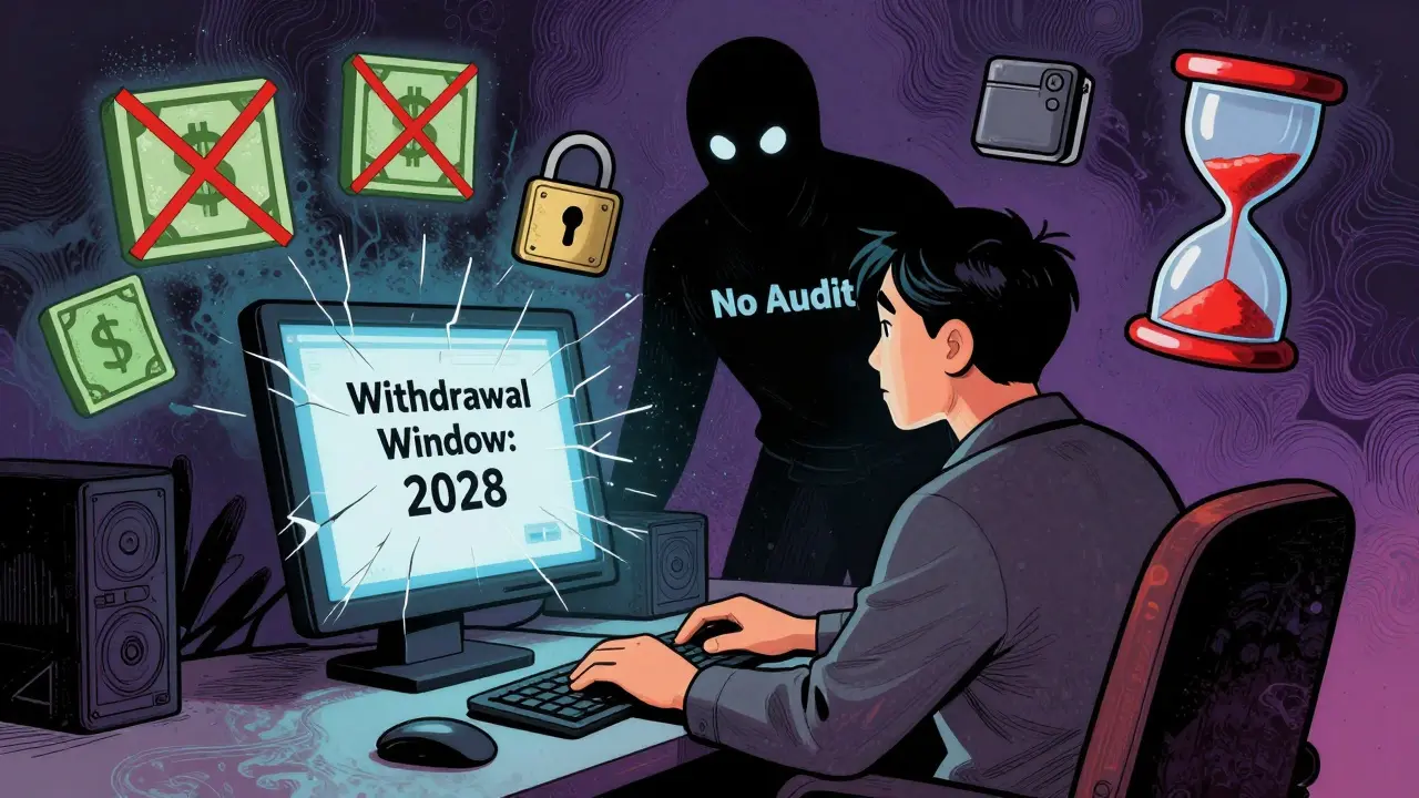 A lone trader faces a cracked screen showing a deadline, while a shadowy 'No Audit' figure looms behind.