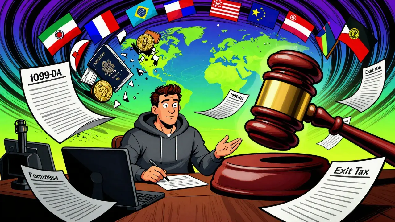 A man on trial before a giant IRS gavel, with floating tax forms and a melting passport dissolving into crypto addresses.