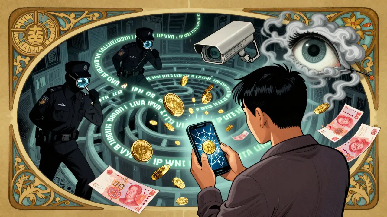 A person facing police tracing VPN tunnels as Bitcoin coins dissolve into digital yuan bills in a swirling 1960s-style scene.