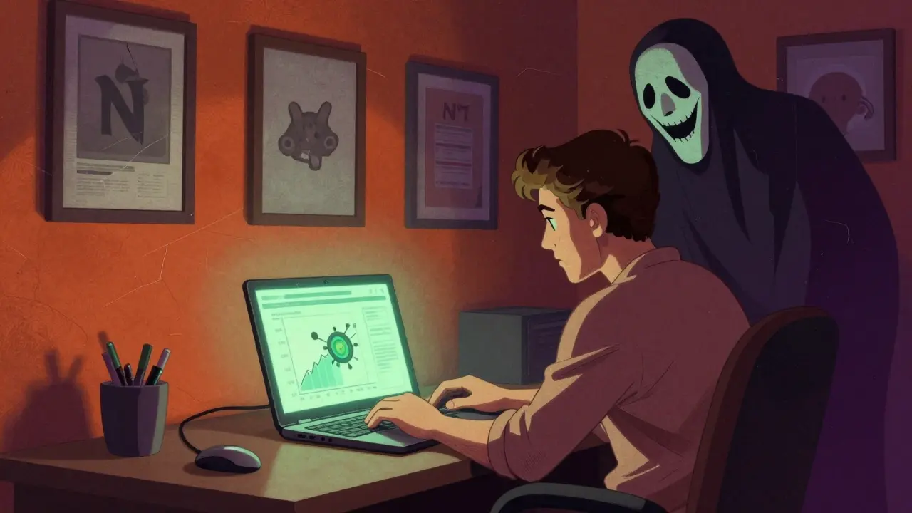 A player faces a collapsing token chart as a phishing phantom looms, with fading NFTs on the wall in warped psychedelic colors.