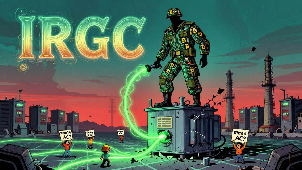 A shadowy IRGC figure drains electricity from a crumbling grid, causing blackouts below in surreal cartoon style.