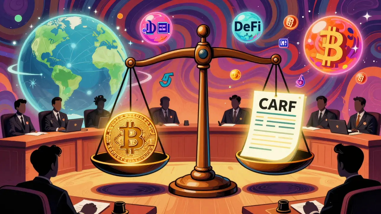A surreal courtroom scale balancing Bitcoin against a CARF report, with DeFi and NFTs floating as orbs.