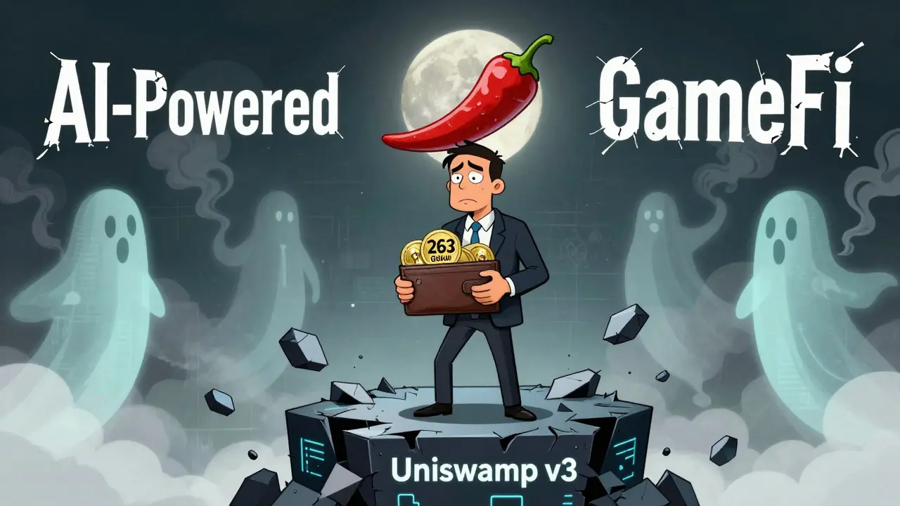 A tired investor surrounded by worthless GOCHU tokens on a crumbling exchange platform.