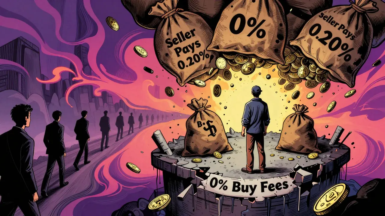 A trader crushed by heavy crypto sacks labeled 'Seller Pays' while others walk away into darkness.