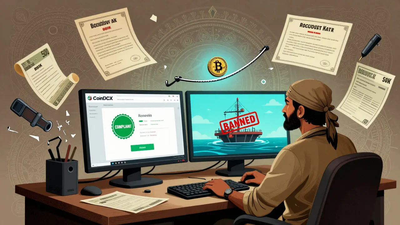 A trader faces two monitors—one secure, one vanishing—with audit certificates and a crypto coin balancing on a razor's edge in vintage poster style.