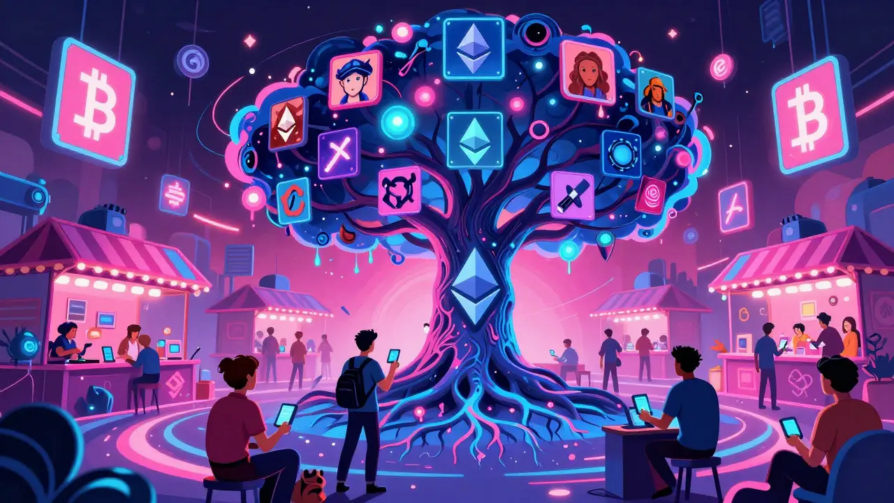 A vibrant marketplace where players trade NFTs under a blockchain tree with floating token symbols and neon-lit surreal textures.