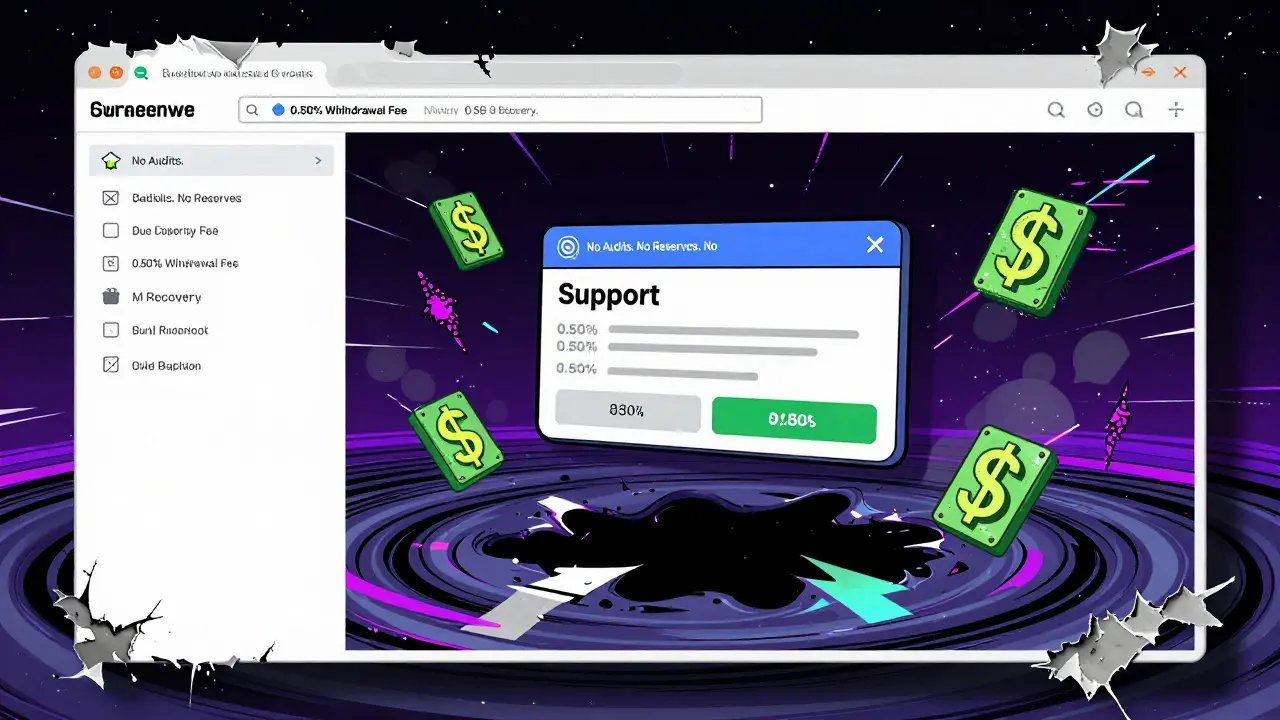 An abandoned trading interface with floating withdrawal fee labels fading into a black hole of neglect.