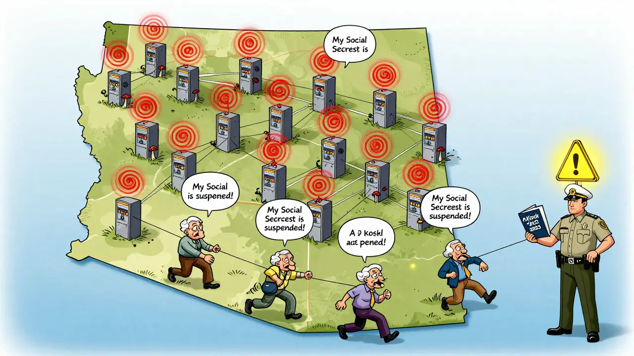 Arizona map covered in warning-spewing crypto ATMs pulling seniors toward them in psychedelic cartoon style.