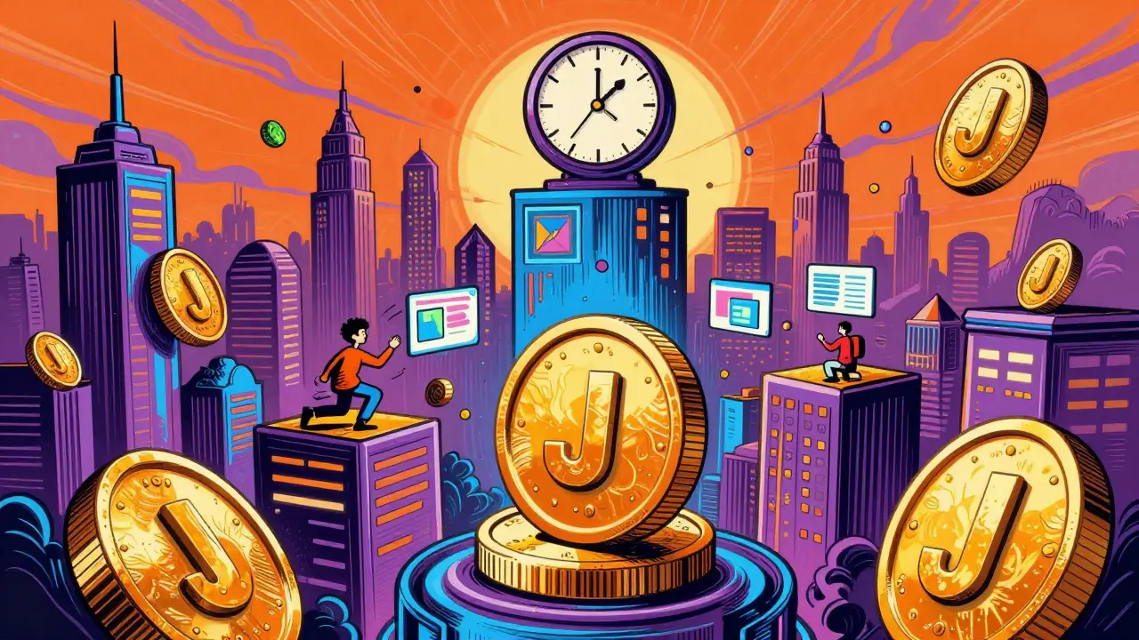 City of JU token buildings with users staking and voting in mid-air, vibrant 1960s poster style