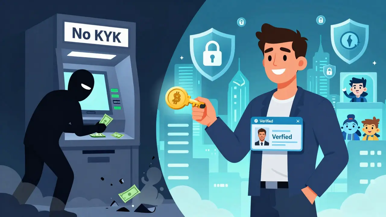 Contrast between a failing anonymous crypto transaction and a verified user receiving a golden key in a blockchain city.