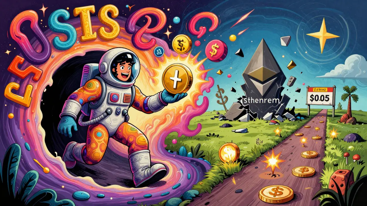 Cross-chain traveler swapping ETH to SOL through a wormhole in vibrant 70s poster art