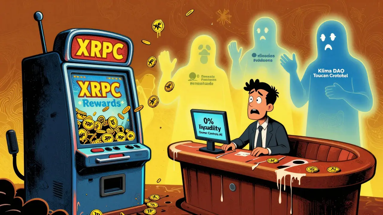 Crumbling XRPC casino booth with empty liquidity and ghostly real crypto projects in background