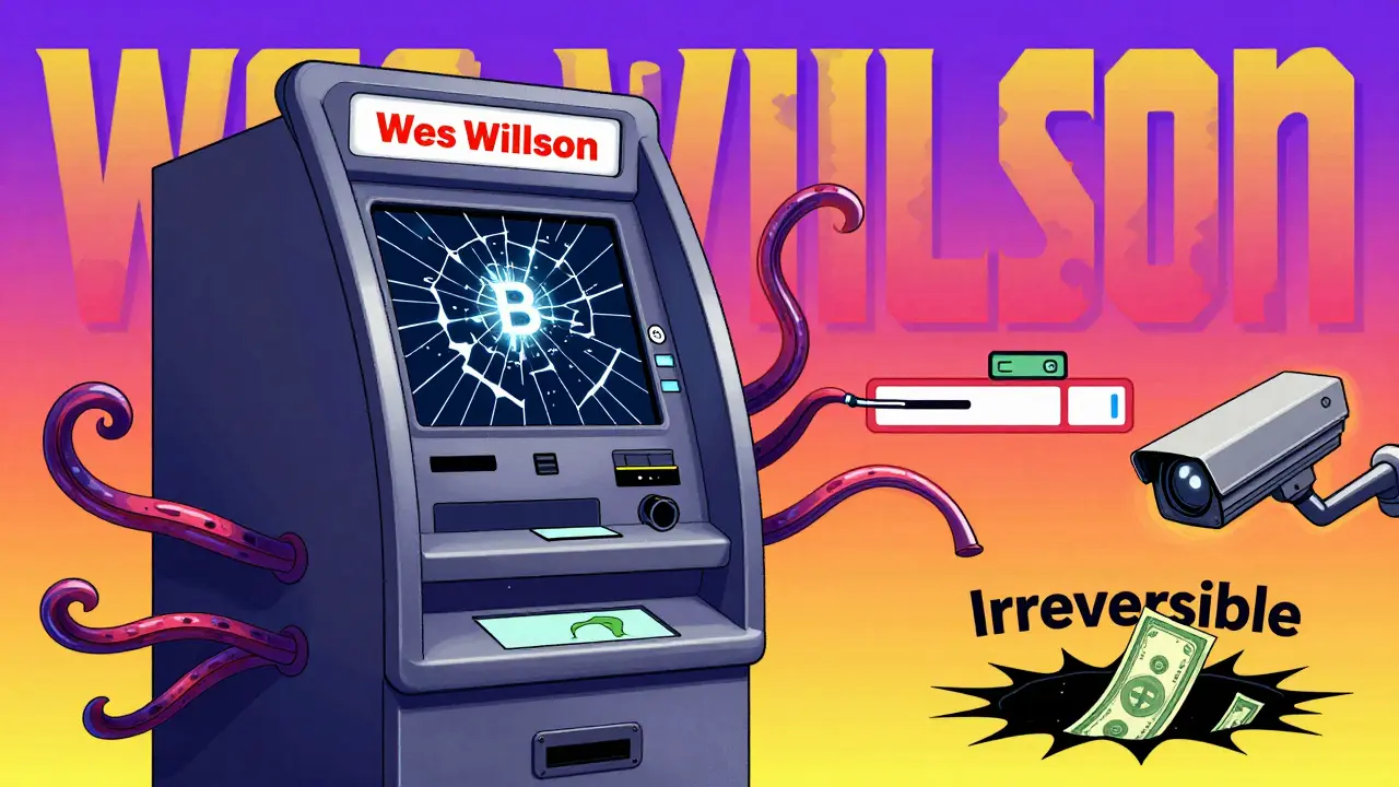 Crypto ATM with tentacles draining cash into a blockchain black hole, rendered in psychedelic colors.