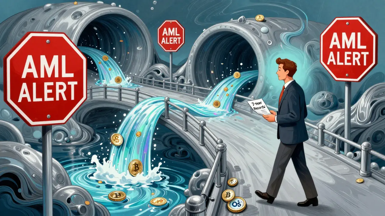 Crypto coins flowing safely through decentralized bridges, avoiding red AML alerts, as a trader keeps records.