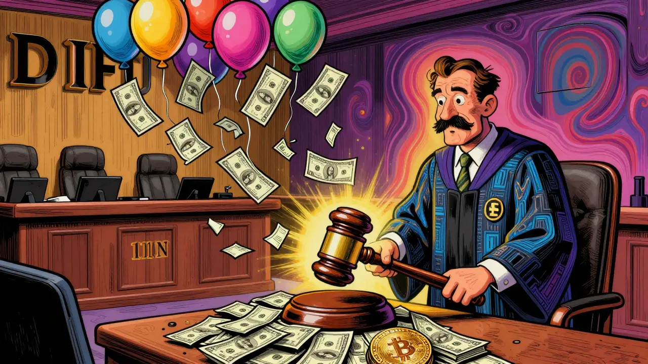 Crypto courtroom with blockchain-robed judge smashing gavel, suspended licenses floating above fine notes