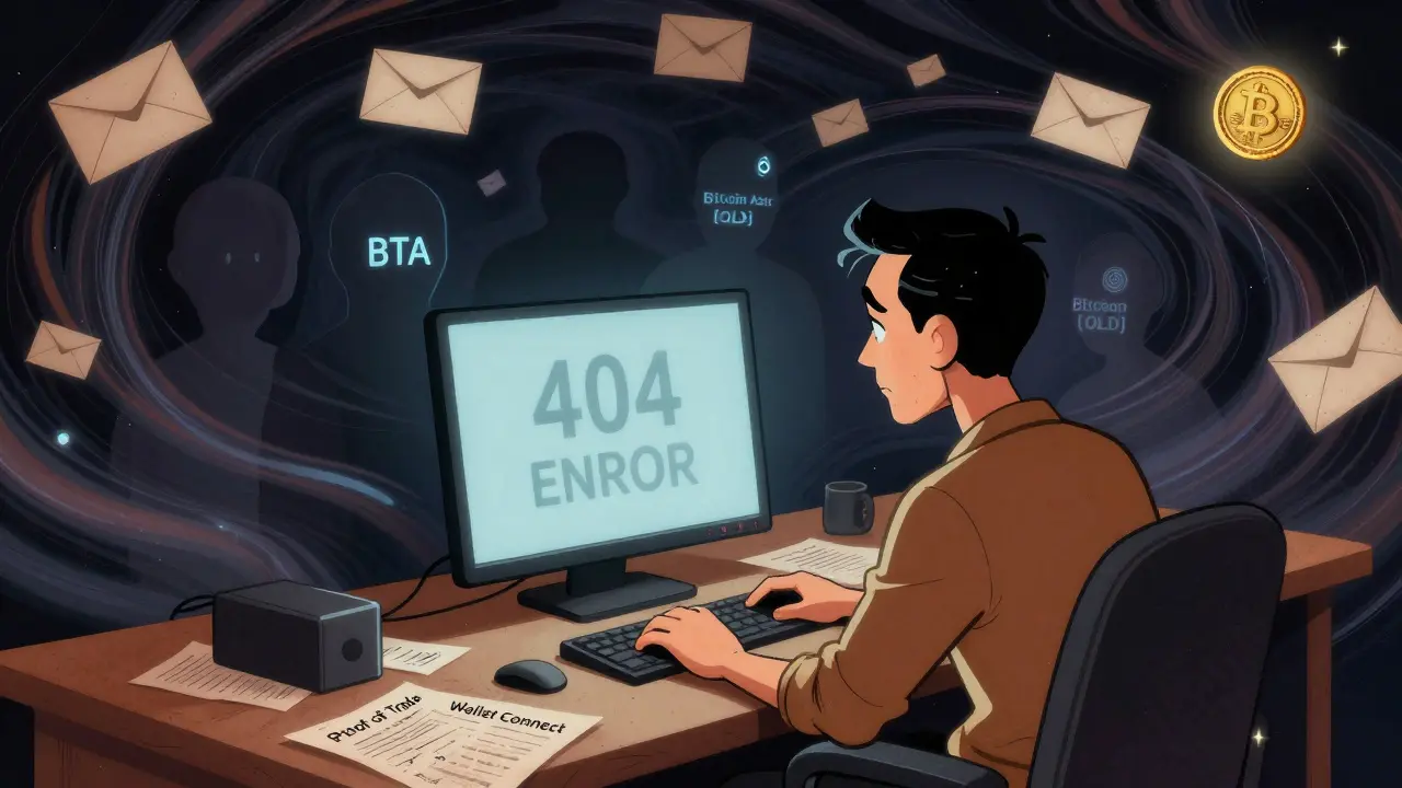 Crypto enthusiast facing a blank screen with ghostly failed projects fading into darkness.