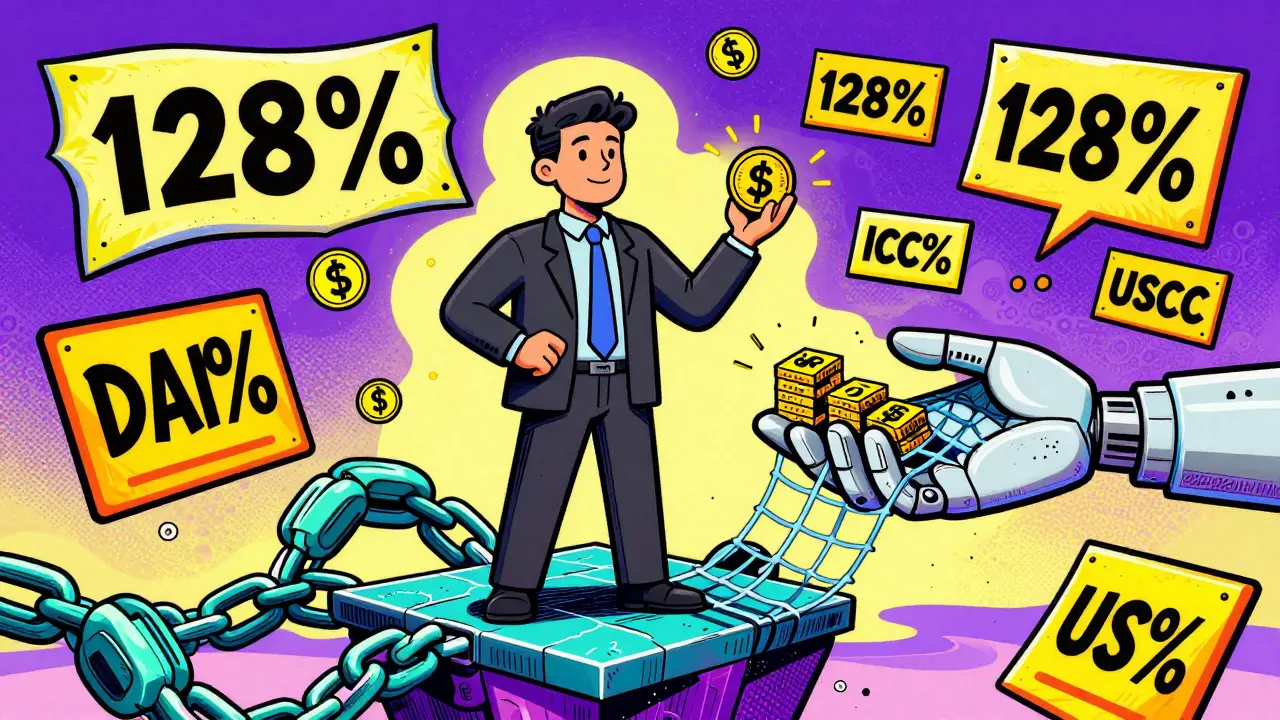 DeFi trader balancing collapsing collateral with a Stability Fund net, surrounded by 128% ratio warnings in psychedelic art style.