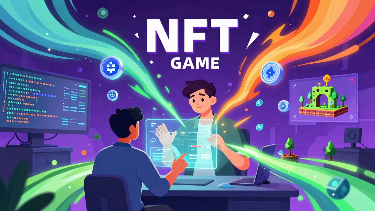 Developer creating an NFT game using holographic tools, surrounded by code and emerging game worlds.