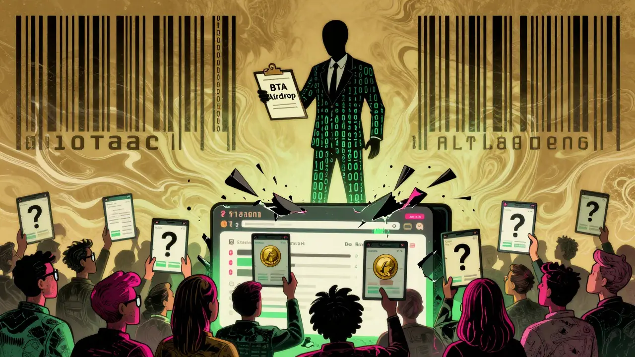 Faceless figure holding clipboard as users watch their fake BTA tokens vanish into thin air.