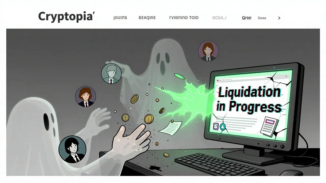 Fading ghost of Cryptopia website with users reaching for disappearing coins and legal documents.