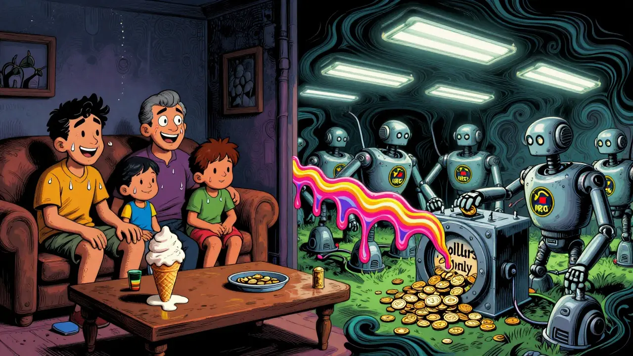 Families suffer in darkness as hidden mining farms pump Bitcoin into vaults, connected by a glowing, dripping power line.