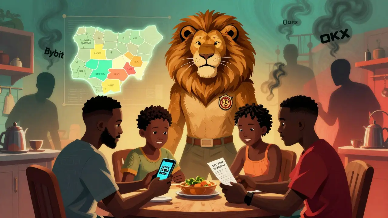 Family verifying a licensed exchange on phone, SEC lion guarding Nigeria with safe zones lit up.