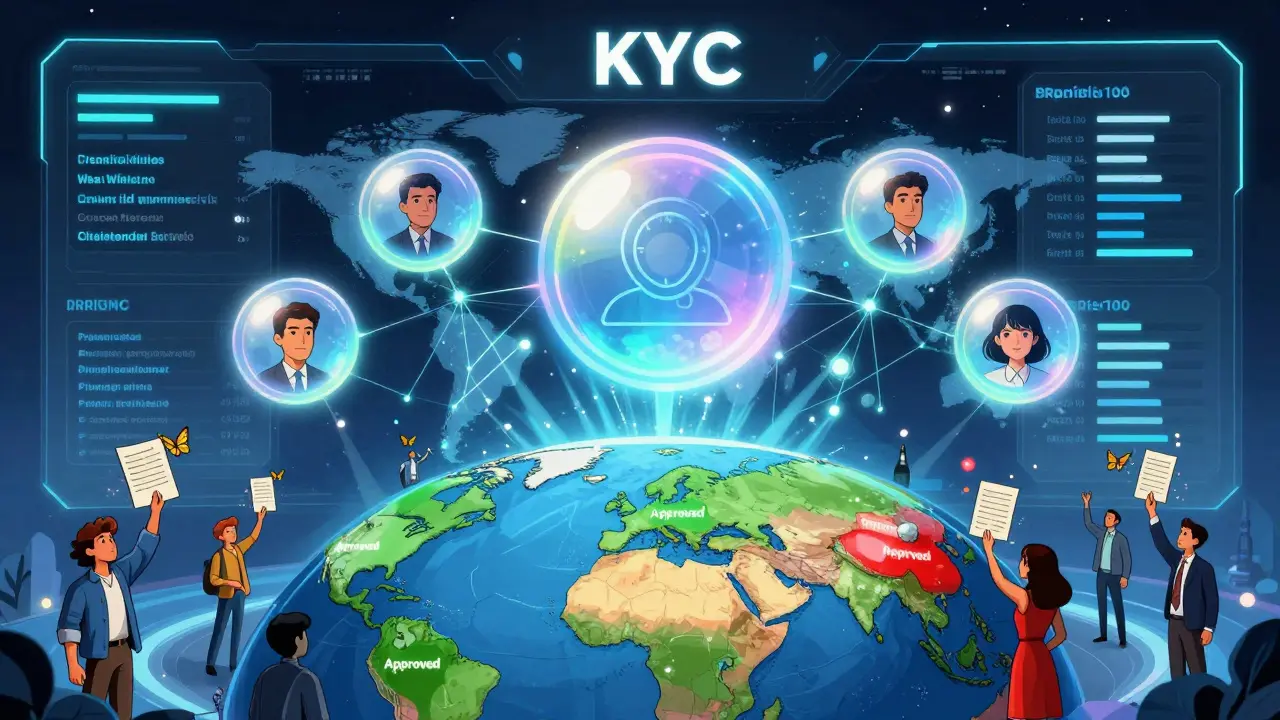 Futuristic KYC dashboard with zero-knowledge orbs and global network connecting users, symbols of inclusion and restriction.